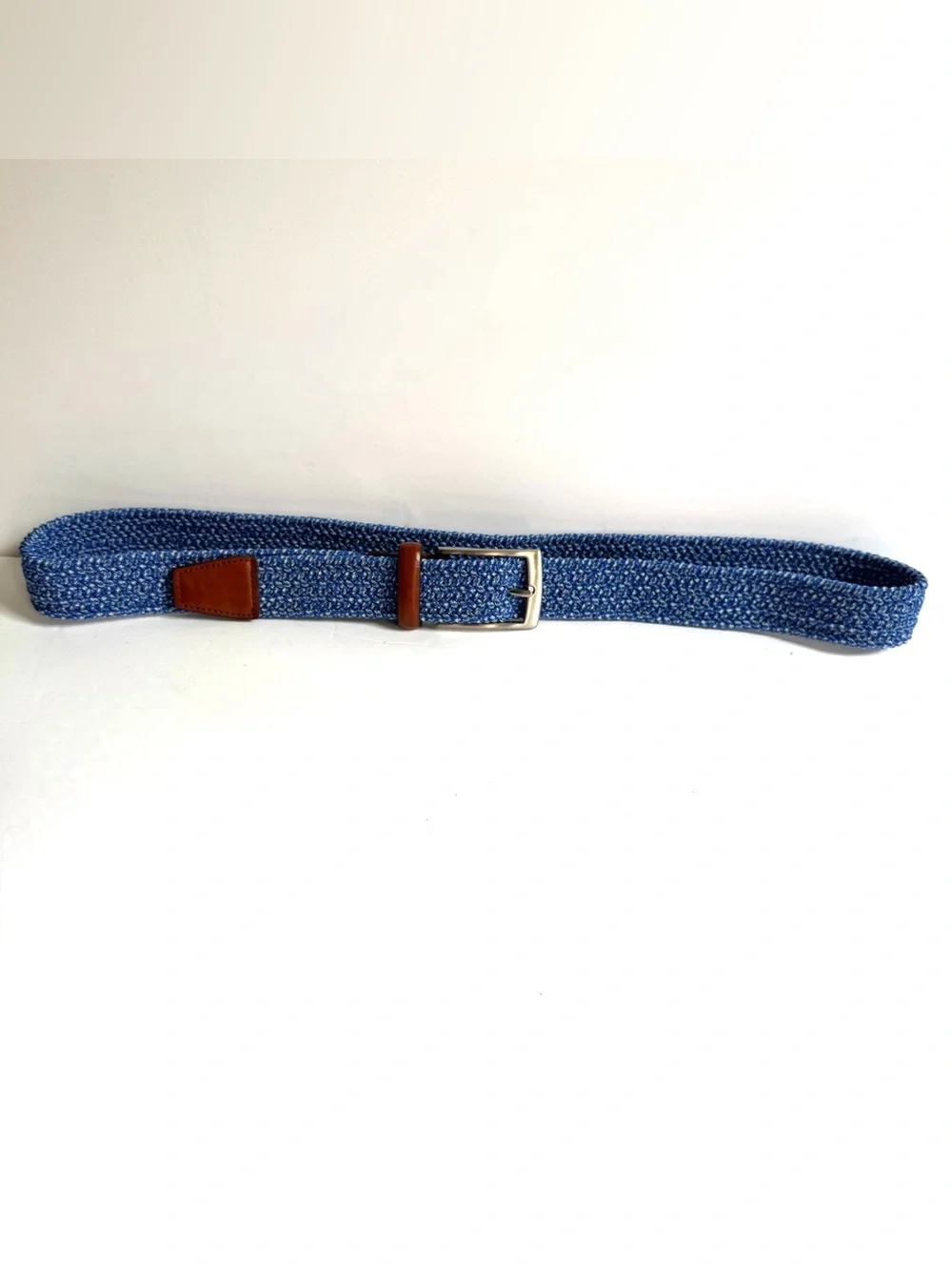 Italian Leather Woven Braided Stretch Belt Blue Brown 40 Casual Golf